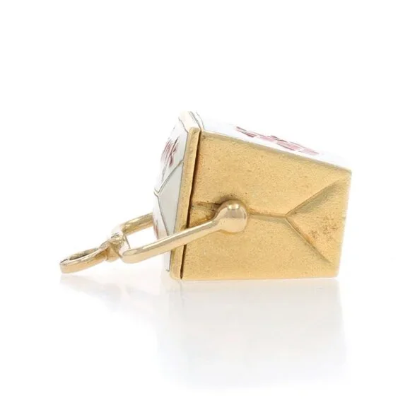 Yellow Gold Chinese Food Takeout Box Charm - 14k White & Red Enamel Moves